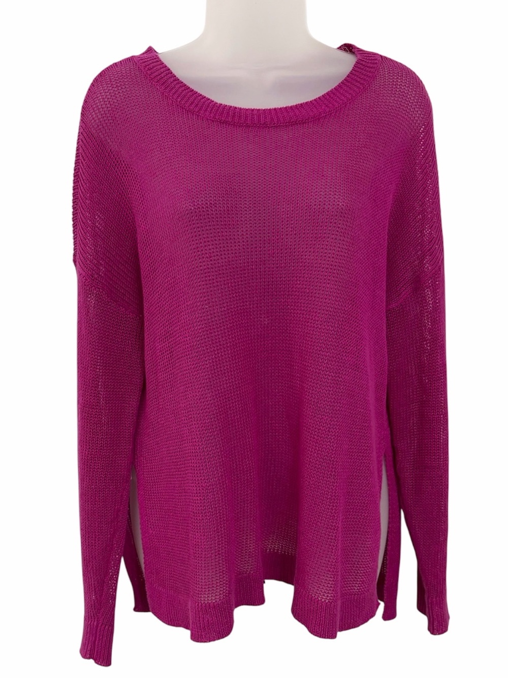 Eileen Fisher Organic Linen Open Knit Split Hem Sweater in Cerise